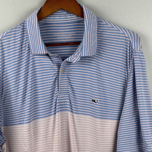 Vineyard vines men Large polo blue Pink Striped short sleeve lightweight Stretch - Picture 1 of 8